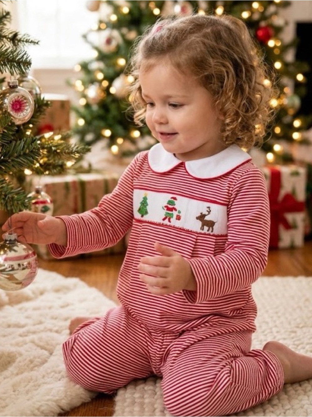 Smockingbird Classic Red Stripe Kids Christmas Peter Pan Collar Holiday Romper 2